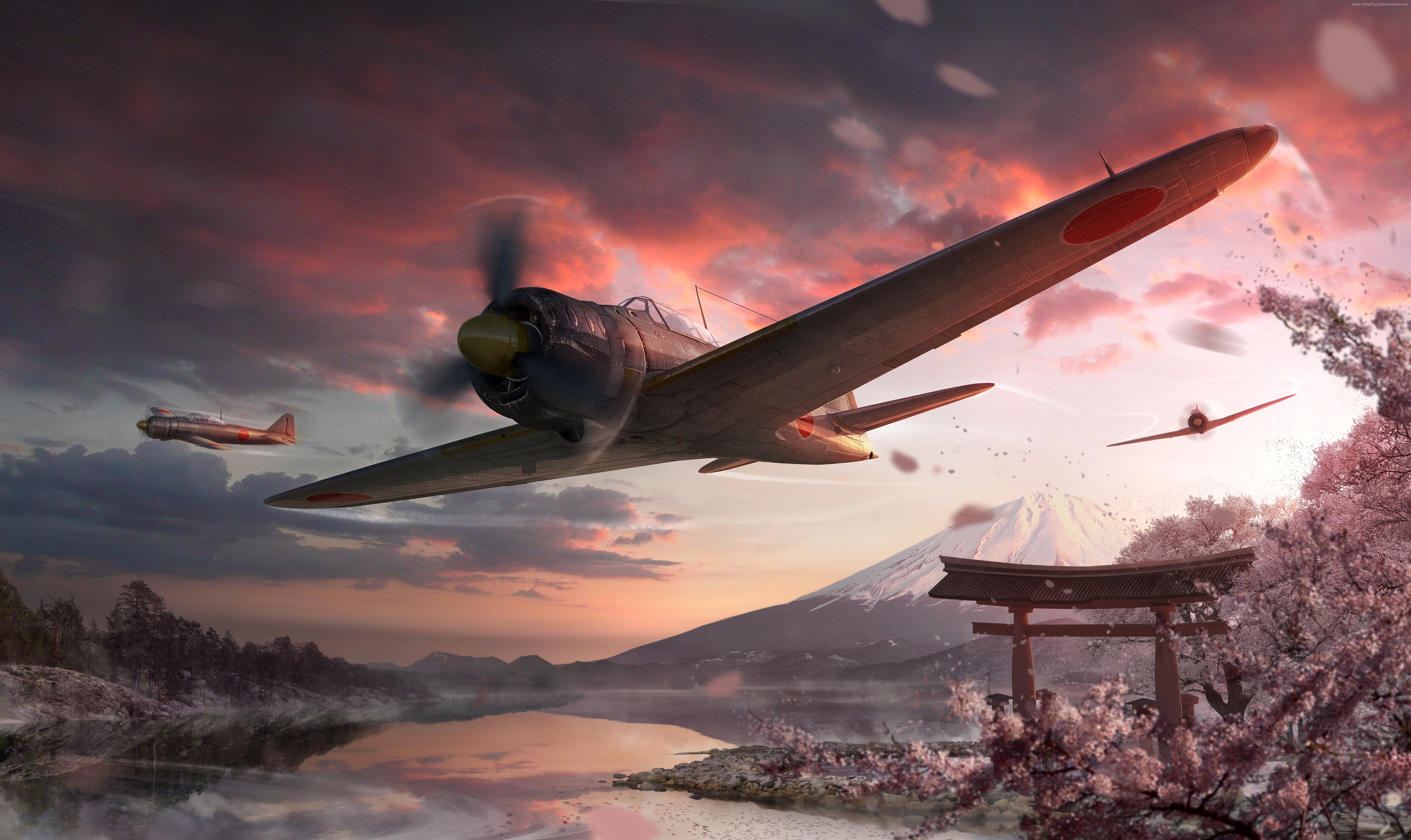 biplanes near mountain peak and Torii gate, Japan game digital wallpaper
