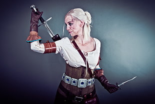 woman holding gray sword digital wallpaper, The Witcher, cosplay, The Witcher 3: Wild Hunt, sword
