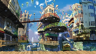 video game screenshot, anime, town, colorful