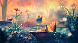 orange paper boat on body of water during rain digital wallpaper, Sylar, artwork, flowers, paper boats