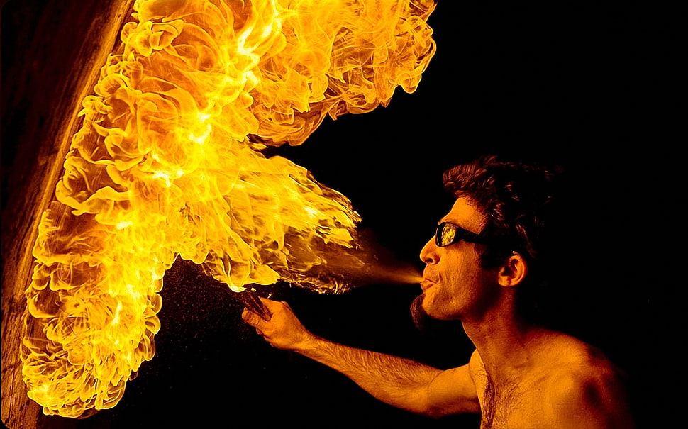men's black sunglasses with black frames, men, fire, glasses, firewall HD wallpaper