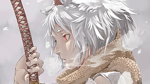 anime character drawing a sword digital wallpaper, Touhou, white hair, katana, red eyes