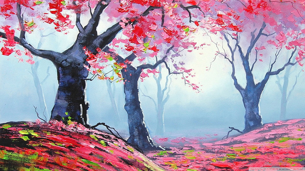 pink leaf tree, painting, pink, forest, Graham Gercken HD wallpaper