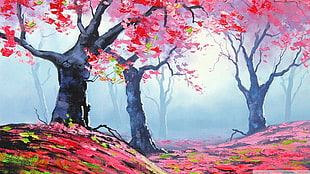 pink leaf tree, painting, pink, forest, Graham Gercken