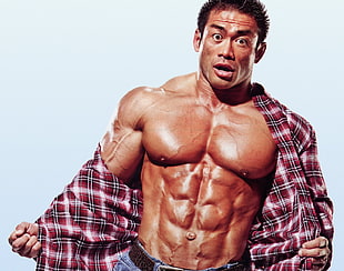 men's red, white, and black plaid dress shirt, Asian, muscular, bodybuilding, muscles