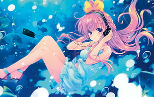 girl anime with purple hair wearing blue dress 3D wallpaper