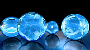 four blue glass balls, sphere, abstract, shapes, blue HD wallpaper