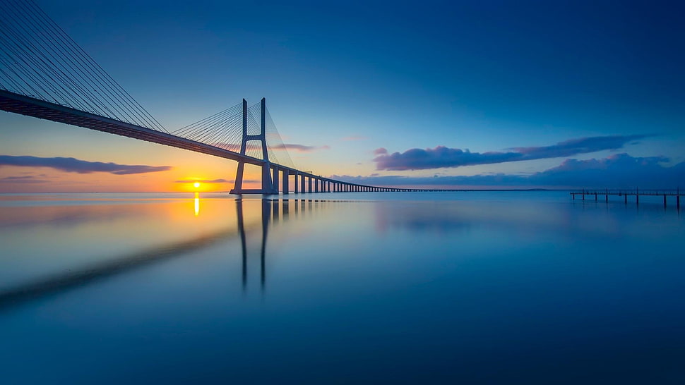gray cable-stayed bridge, architecture, bridge, long exposure, horizon HD wallpaper