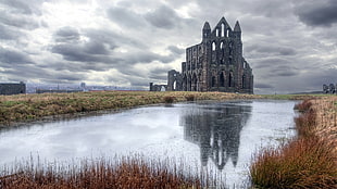 gray concrete castle, church, ruin, UK, reflection