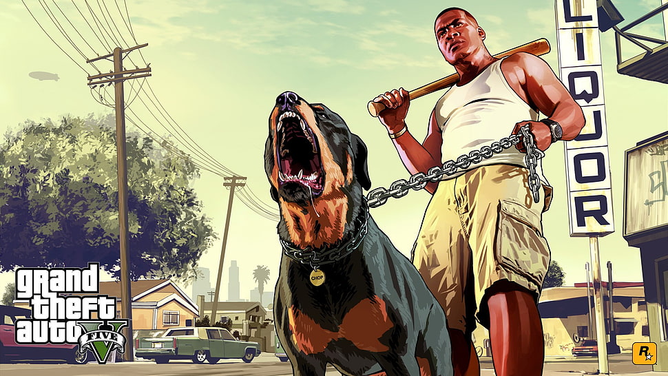 Grand Theft Auto 5 game case, Grand Theft Auto V, Rockstar Games, video game characters, Rottweiler HD wallpaper