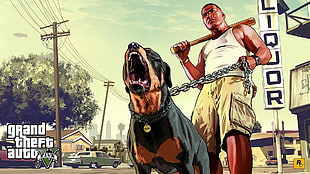 Grand Theft Auto 5 game case, Grand Theft Auto V, Rockstar Games, video game characters, Rottweiler