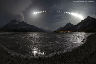 aerial photography of mountain and lake at nighttime, space, universe, lunar eclipses