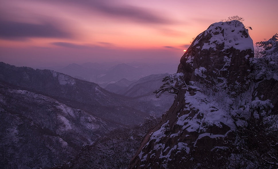 snowy mountain summit, photography, nature, mountains, sunset HD wallpaper