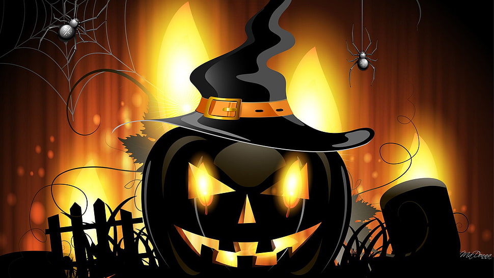 pumpkin illustration, Halloween, pumpkin, spider, artwork HD wallpaper