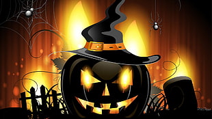 pumpkin illustration, Halloween, pumpkin, spider, artwork