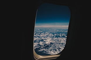 airliner window, Porthole, Airplane, Mountains