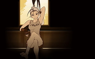 girl wearing tank top with ibuki print anime character sitting on brown bench
