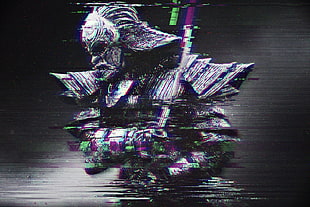 black samurai poster, glitch art, abstract, distortion, RGB