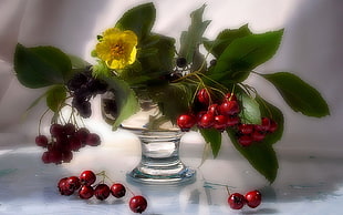still-life painting of red berries in vase