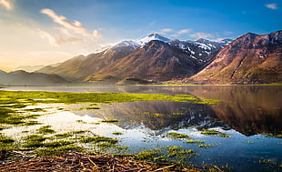 snow covered mountain beside body of water, lake, mountains, reflection, water