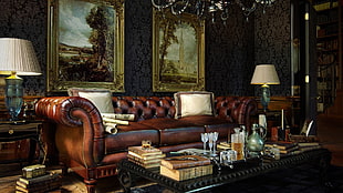 black leather tufted couch indoors HD wallpaper