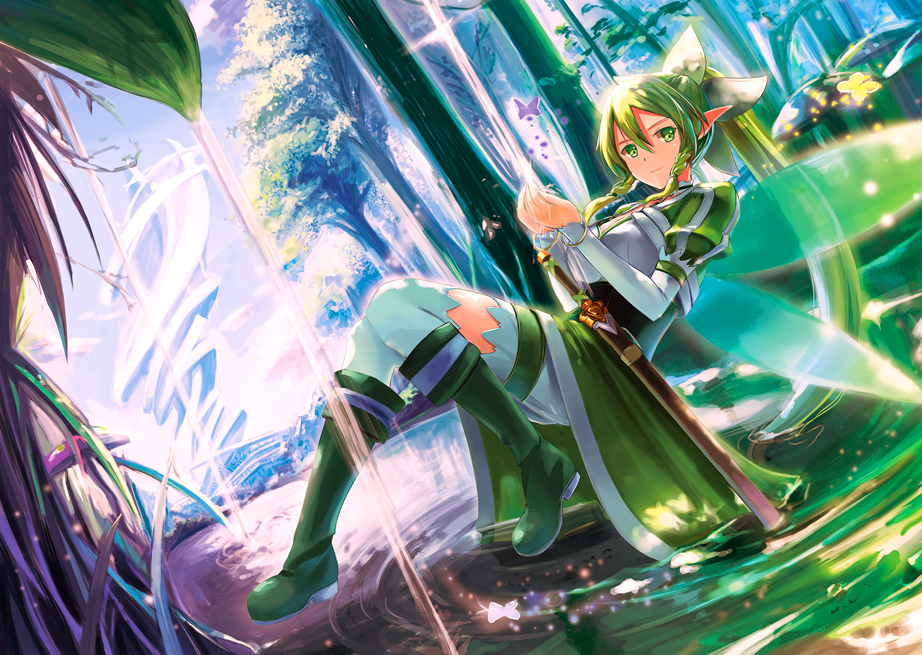 green hair female anime character 3D wallpaper