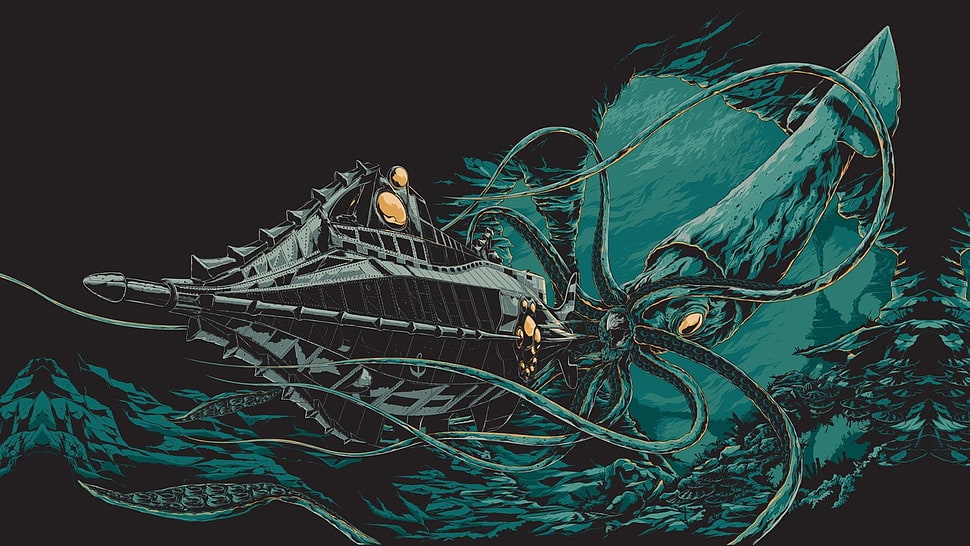 blue giant squid wallpaper, digital art, illustration, 20000 Leagues Under the Sea, Jules Verne HD wallpaper