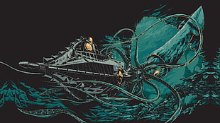 blue giant squid wallpaper, digital art, illustration, 20000 Leagues Under the Sea, Jules Verne
