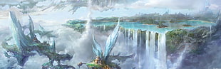 waterfall kingdom wallpaper, multiple display, fantasy art HD wallpaper