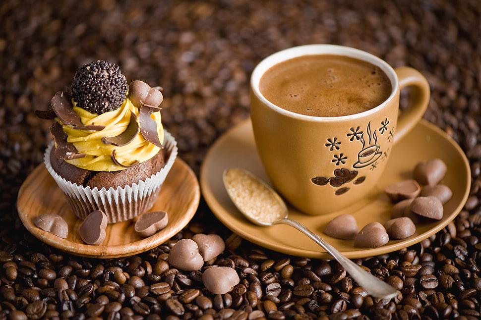 beige floral ceramic teacup with coffee HD wallpaper