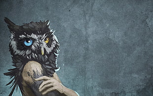 human with owl head painting HD wallpaper