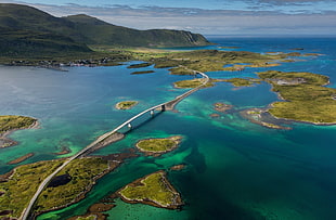 aerial photography of bridge, nature, landscape, island, sea HD wallpaper