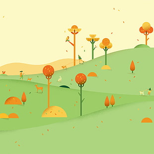 orange trees and animals illustration HD wallpaper