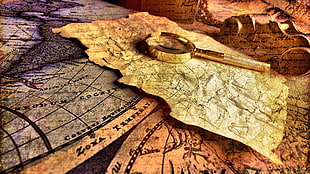 gold-colored magnifying glass, creativity, map, magnifying glasses, paper