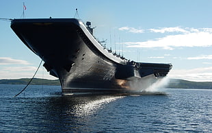 black military aircraft carrier, aircraft carrier, warship, ship, sea HD wallpaper