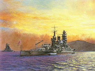 sailing battle ship painting, warship, military, flag, ship HD wallpaper