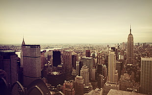 high rise buildings, New York City, cityscape, sepia