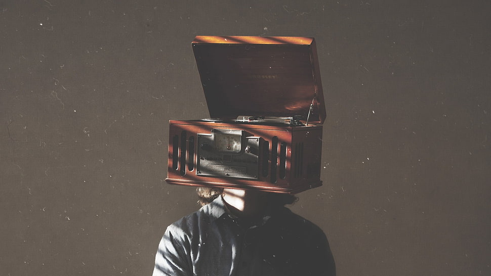 vinyl record player headed human painting, artwork, men, phonographs, simple background HD wallpaper