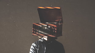 vinyl record player headed human painting, artwork, men, phonographs, simple background