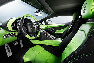 green and black leather trimmed Lamborghini interior