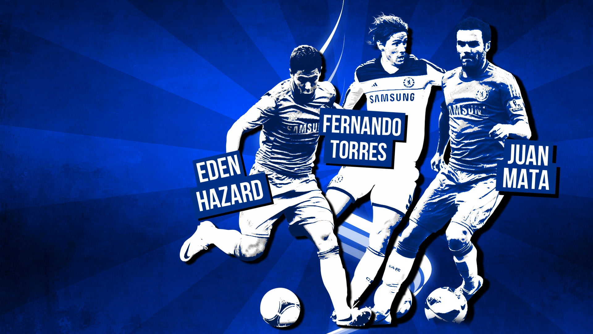 Eden Hazard, Fernando Torres and Juan Mata illustration