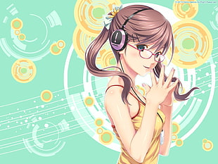 brunette pony tail hair anime girl character wearing purple and black headphones and yellow spaghetti strap top