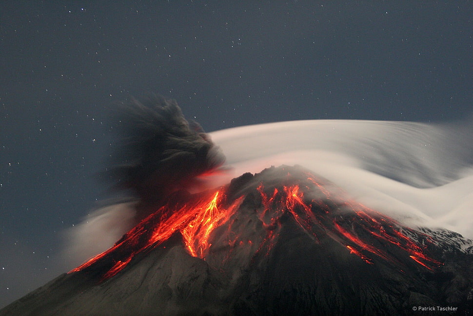 exploding mountain, nature, landscape, clouds, trees HD wallpaper