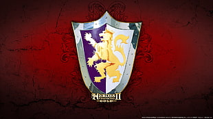 Heroes 2 logo, Heroes of Might and Magic, video games, red background, shield