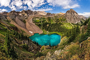 lake in middle of valley, blue lake