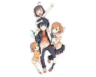 male and three female anime characters illustration, Touma Kamijou, Misaka Mikoto, Last Order, To aru Majutsu no Index HD wallpaper