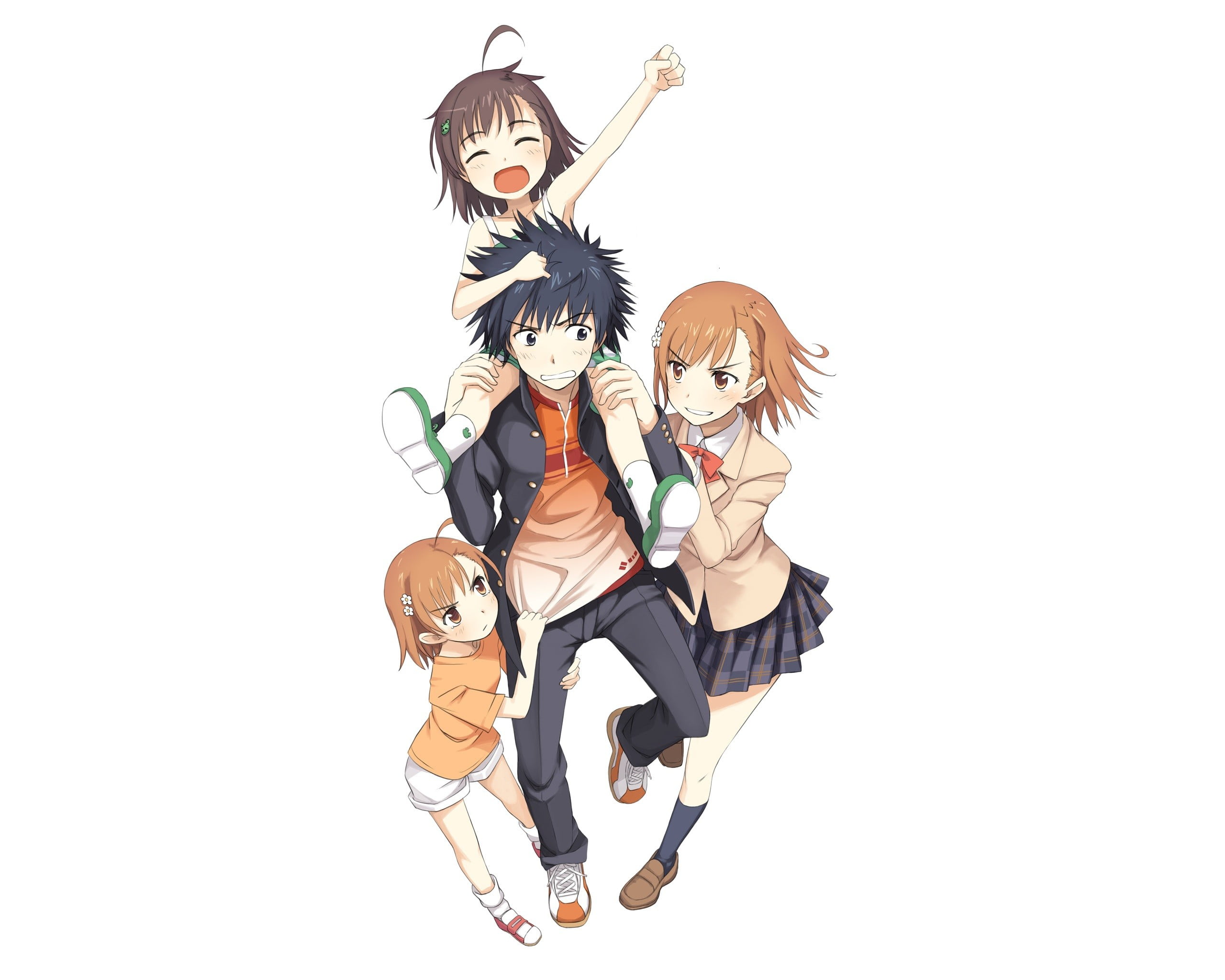 male and three female anime characters illustration, Touma Kamijou, Misaka Mikoto, Last Order, To aru Majutsu no Index