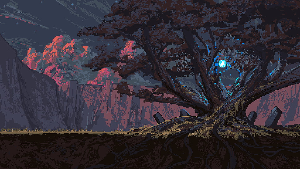 tree with light near mountain painting HD wallpaper