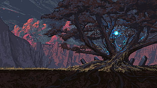 tree with light near mountain painting