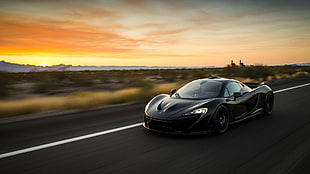 black sports coupe, McLaren P1, car, motion blur, road